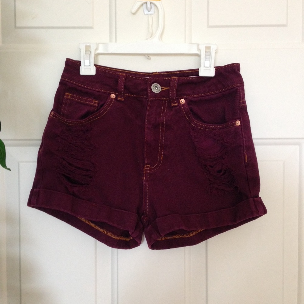 Bullhead Maroon Distressed High Waisted Shorts
